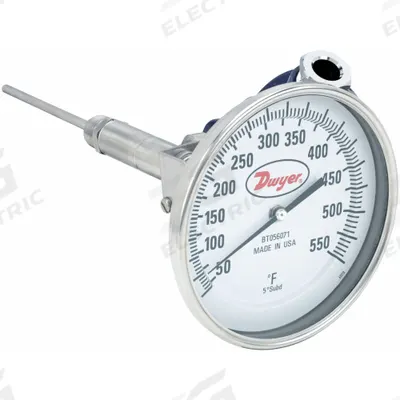 Dwyer Dial Thermometer With Process Output: 50°F to 550°F, +/- 1% Accuracy, 6 in Stem Lg - Thread-Mount Transmitting Dial Thermometers