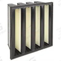 GRAINGER V-Bank Air Filter: 24 in x 24 in x 12 in, Fiberglass, Single Header, 4 Vs, MERV 14 (MPN 48FP87). Key specifications — Brand: GRAINGER; Frame or Header Material: Plastic; Media Material: Fiberglass; Filters Out: Copier Toner.