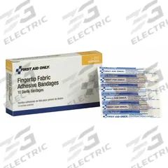 FIRST AID ONLY Adhesive Bandage: Fingertip Bandages, 1 3/8 in Wd, 2 in Lg, Not Metal Detectable (MPN 1-010). Key specifications — Product Type: Fingertip Bandages; Unitized: Unitized; Water Resistance: Not Water Resistant; Brand: FIRST AID ONLY; Latex Content: Latex Free; Metal Detectable: Not Metal Detectable; Package Type: Box; Manufacturer Part Number: 1-010.
