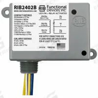 RIB Enclosed Pre-Wired Relay: 20 A Rating, SPDT, 0.50 in NPT (MPN RIB2402B). Key specifications — Nipple Size: 0.50 in NPT; Brand: RIB.