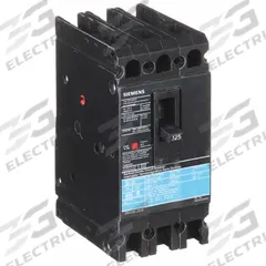 SIEMENS Molded Case Circuit Breaker: 125 A Amps, 18kA at 480V AC, Fixed, Load Side Lug, ABC, ED4 (MPN ED43B125). Key specifications — Phase Connection: ABC; Instantaneous Trip: Fixed; Terminal Connection: Load Side Lug; Series: ED4; Max. AIR Rating: 18kA at 480V AC.