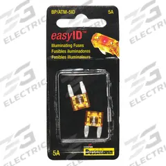 BUSSMANN Automotive Fuse: ATM Series, Fast-Acting, 5 A, 32 V DC, Indicating, 2 PK (MPN BP/ATM-5ID). Key specifications — Series: ATM; Brand: BUSSMANN; Fuse Profile: Standard Profile.