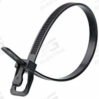 RETYZ Releasable Cable Tie: Black, 16 in Lg, Outdoor Use, Max. 119 mm Bundle Dia., 100 PK (MPN EVT-V16BK-TA). Key specifications — Outdoor Use: Yes; Color: Black; Brand: RETYZ; Pack: Large Pack.