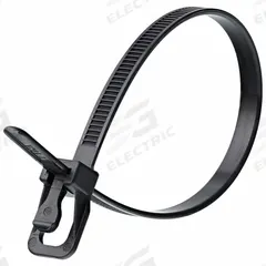 RETYZ Releasable Cable Tie: Black, 16 in Lg, Outdoor Use, Max. 119 mm Bundle Dia., 100 PK (MPN EVT-V16BK-TA). Key specifications — Outdoor Use: Yes; Color: Black; Brand: RETYZ; Pack: Large Pack.