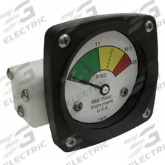 MIDWEST INSTRUMENT 3-Color Differential Pressure Indicator: 1,000 psig Max. Static Pressure, 522 (MPN 522P-025V). Key specifications — Brand: MIDWEST INSTRUMENT; Accuracy: ±5% of Full Scale; Sensor Material: Viton; Housing Material: Acetal Plastic; Transition Points: 0 psid to 11 psid (Green) / 11 psid to 18.5 psid (Yellow) / 18.5 psid to 25 psid (Red).