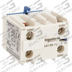 SCHNEIDER Auxiliary Contact Block: 1NO/1NC, 10 A Max Current (AC), Front Mount, Front-Mounted (MPN LA1KN11). Key specifications — Frame Size: X; Brand: SCHNEIDER; Compatible with Series: TeSys.
