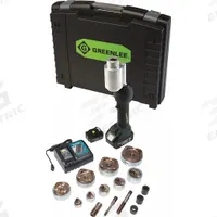 GREENLEE Knockout Tool Kit: 18V DC, 4 in Punching Capacity (Steel), For 10 ga Max. Steel Thick (MPN LS100X11SS4). Key specifications — attr1256918: (1) 2 in Die; attr1256897: (2) 3.0 Ah; attr1303978: 2 Batteries, 1 Charger.