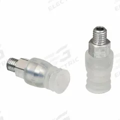 SCHMALZ Vacuum Pad Assembly: Multi-Bellows, 2.5 Folds, M5 Vacuum Port, 9.5 mm Pad Dia, Clear, 55 A (MPN 10.01.06.00037). Key specifications — attr1019136: 10.01.06.00037; attr1019138: SCHMALZ; attr1019139: 55 A.