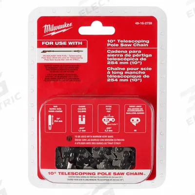 MILWAUKEE Pole Saw Chain: 10 in Compatible Bar Lg, 0.325 in, 0.04 in Gauge - Chains