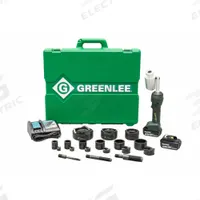 GREENLEE Knockout Tool Kit: 18V DC, 4 in Punching Capacity (Steel), For 10 ga Max. Steel Thick (MPN LS100X11SB4X). Key specifications — attr1256918: (1) 1-1/2 in Die; attr1256897: (2) 3.0 Ah; attr1303978: 2 Batteries, 1 Charger.