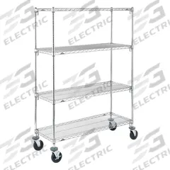 METRO Wire Shelving Unit: 36 in x 18 in x 67 7/8 in, Dry, Quick-Adjust, 4 Shelves, Silver (MPN CART 1B). Key specifications — Color: Silver; Finish: Chrome; Recommended Environment: Dry; Post Shape: Round; Number Of Shelves: 4; Caster Wheel/Configuration: (2) Swivel; Material: Steel; Caster Wheel/Tread Material: Rubber.