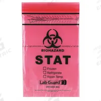 Specimen Transfer Bag: LDPE, Biohazard, 1.75 mil Thick, Red, 9 in Overall Ht, Non-Sterile, 1,000 PK (MPN 4001). Key specifications — Brand: MEDEGEN MEDICAL PRODUCTS; Closure Type: Zipper; Product Type: Dual Pouch Specimen Bag; Manufacturer Part Number: 4001; Color: Red; Display Sell UOM: PK; Legend: Biohazard.