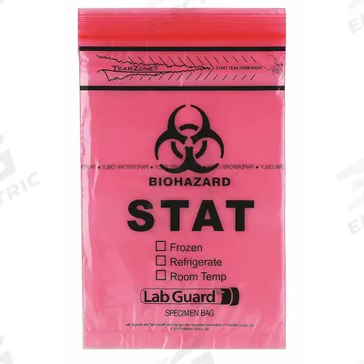 MEDEGEN MEDICAL PRODUCTS Specimen Transfer Bag: LDPE, Biohazard, 1.75 mil Thick, Red, 9 in Overall Ht - Dual Pouch Specimen Transfer Bags