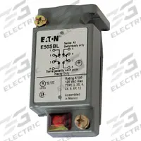 EATON Limit Switch Body: EN50041 Body, 2 Mounting Holes, 2NO/2NC, Metallic (MPN E50SBL). Key specifications — Compatible with Series: E50; Brand: EATON; Indicating Light: LED; Body Material Type: Metallic.