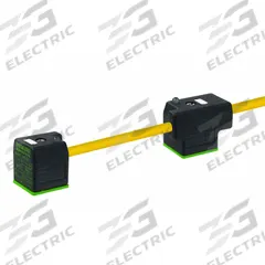 MURRELEKTRONIK Cordset: (2) DIN Form A Female Right Angle x Bare Wire, 5 m Cable Lg, PUR, Yellow (MPN 7000-58041-0370500). Key specifications — Wire Size: 18 AWG; Brand: MURRELEKTRONIK; Cable Jacket Color: Yellow; IP Rating: IP67; DIN Connector Spacing: 200 mm.