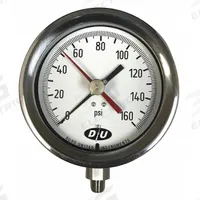 DURO Industrial Pressure Gauge: 0 psi to 400 psi, White, 4 1/2 in Dial, 1/4 in NPT Male, Bottom, 20 (MPN 42070913-MAXHAND). Key specifications — Brand: DURO; Pointer Color: Black; Accuracy: ±0.5%; Dial Color: White; Gauge Wetted Parts: Stainless Steel; Case Material: Stainless Steel; Vibration Resistance Properties: None; Pressure Range: 0 psi to 400 psi.