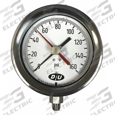 DURO Industrial Pressure Gauge: 0 psi to 400 psi, White, 4 1/2 in Dial, 1/4 in NPT Male - Stainless Steel Wetted Parts with Red Max Hand