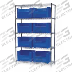 AKRO-MILS Bin Shelving: 48 in x 18 in x 74 in, 1 Sided, 9 Bins, Open, Stacking Bin, Blue, 5 Shelves (MPN AWS184813017B). Key specifications — Includes Bins: Yes; Bin Material: Polymer; Frame Color: Silver; Bin HxWxD: (9) 12-7/16 in x 19-7/8 in x 15-1/2 in; Frame Material: Steel; Bin Color: Blue; Brand: AKRO-MILS.