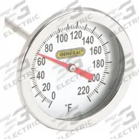GENERAL Analog Thermometer: 0°F to 220°F /0°F to 220°F, ±1.5% Accuracy, 8 in Stem Lg, 2 in Dial Dia (MPN PT2008G220). Key specifications — Accuracy: ±1.5 %; Brand: GENERAL.