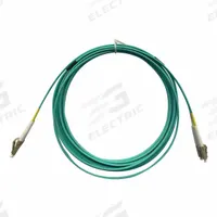 MONOPRICE Fiber Optic Patch Cord: Multi-Mode, 15 m Lg, LC End 1, LC End 2, Aqua, PVC, 2 Fiber Count (MPN 41700). Key specifications — Fire Rating: Riser; Jacket Material: PVC; Number of Fibers: Duplex; Brand: MONOPRICE; _Fiber Optic Cable Style: 50/125µ OM4.