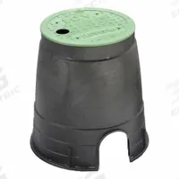 NDS Meter Box: Polyolefin, Round, 9 in Overall Ht, 6 in Dia, 2 3/4 in x 2 1/4 in Pipe Size, Black (MPN D109-GSLVTG). Key specifications — Brand: NDS; Material: Polyolefin; Color: Black.