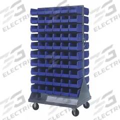 QUANTUM STORAGE SYSTEMS Mobile Louvered Floor Rack: 36 in x 24 in x 72 in, 120 Bins Included, Blue (MPN QMD-36H-230BL). Key specifications — Bin Width: 5-1/2 in; Color: Gray; Caster Wheel/Configuration: (2) Swivel; Caster Wheel/Tread Material: Hard Rubber; Bin Color: Blue; Bin Depth: 10-7/8 in; Bin Height: 5 in; Brand: QUANTUM STORAGE SYSTEMS.