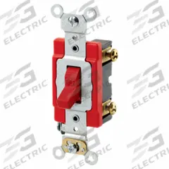 LEVITON Wall Switch: Toggle Switch, Single Pole, Maintained, Red, 120/277V AC, 20 A (MPN 1221-2R). Key specifications — Illuminated: No; Voltage Rating: 120/277V AC.