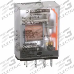 SCHNEIDER General Purpose Relay: Socket Mounted, 15 A Current Rating, 24V AC, SPDT, 5 Pins/Terminals (MPN 8501RS41V14). Key specifications — Brand: SCHNEIDER; Base Type: Square; Mounting Style: Socket; Pin Shape: Flat; Electrical Connection: Quick-Connect; Manufacturer Part Number: 8501RS41V14; Series: Square D 8501R Miniature Series.