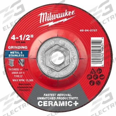 MILWAUKEE Grinding Wheel: Type 27, 4 1/2" x 1/4" x 5/8"-11, Ceramic - Cool-Cutting Grinding Wheels for Carbon & Stainless Steel