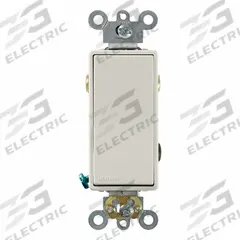 LEVITON Wall Switch: Rocker Switch, 3-Way, Maintained, Light Almond, 120/277V AC, 20 A (MPN 5623-2T). Key specifications — Illuminated: Yes; Voltage Rating: 120/277V AC.
