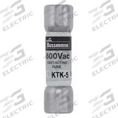 BUSSMANN Fuse: KTK Series, Midget, Fast-Acting, 5 A, 600 V AC, 13/32 in x 1 1/2 in, Non-Indicating (MPN KTK-5). Key specifications — attr1287209: KTK; attr211192: BUSSMANN.