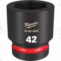 MILWAUKEE Standard Impact Socket: 1 in Drive Size, Metric, 42 mm Socket Size, 6-Point, Std, Friction (MPN 49-66-6605). Key specifications — attr1215501: MILWAUKEE; attr1215515: Black Phosphate; attr1215518: 42 mm.