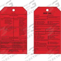 BRADY Tag: 4 in Wd, 7 in Ht, Black/Red, Paper, Rectangle, 0.01 in Thick, 100 Tags, English, 100 PK (MPN 81992). Key specifications — Tag Material: Paper; Tag Color: Red; Tie Material: Cotton.