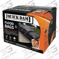 QUICK DAM Water Activated Flood Bag: Fresh Water, 3 1/2 in Overall Ht, 12 in Overall Wd (MPN QD1224-20). Key specifications — Color: Black; Bag Material: Polypropylene; Brand: QUICK DAM; Fill Material: Polypropylene; For Water Salinity: Fresh Water.