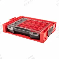 TEKTON Lidded Drawer: 17 1/2 in W 13 1/2 in D 4 in H, Plastic, Gray/Red, Hinged Lid, 26 Compartments (MPN OLB94024). Key specifications — attr1116905: Red; attr1116917: Hinged; attr1116946: TEKTON.