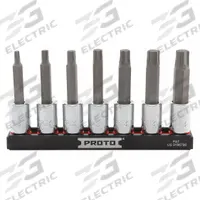 PROTO Socket Bit Set: 1 - 25 Pieces, 3/8 in Drive Size, 7 Pieces, 4 mm to 10 mm Tip Size Range (MPN J4990R7MM). Key specifications — attr1216280: Fixed Insert; attr1216283: PROTO; attr1225718: 4 mm to 10 mm; attr1227491: 3/8 in.