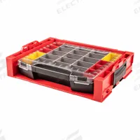 TEKTON Lidded Drawer: 17 1/2 in W 13 1/2 in D 4 in H, Plastic, Gray/Red/Yellow, Hinged Lid (MPN OLB94021). Key specifications — attr1116905: Gray; attr1116917: Hinged; attr1116946: TEKTON.