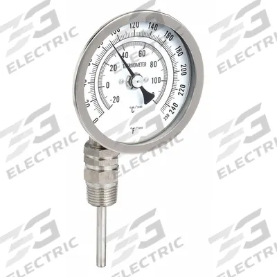 APPROVED VENDOR Dial Thermometer: 0°F to 250°F /-20°C to 120°C, 4 in Stem Lg - Side- & Bottom-Mount Fixed-Angle Thread-Mount Dial Thermometers