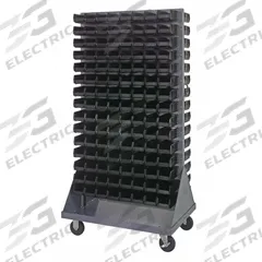 QUANTUM STORAGE SYSTEMS Mobile Louvered Floor Rack: 36 in x 24 in x 72 in, 240 Bins Included, Black (MPN QMD-36H-220BK). Key specifications — Bin Width: 4-1/8 in; Color: Gray; Caster Wheel/Configuration: (2) Swivel; Caster Wheel/Tread Material: Hard Rubber; Bin Color: Black; Bin Depth: 7-3/8 in; Bin Height: 3 in; Brand: QUANTUM STORAGE SYSTEMS.