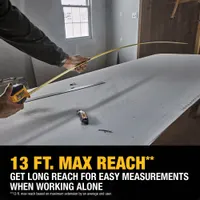 DEWALT Tape Measure: Magnetic Single Hook Tip, 25 ft, Plastic with Rubberized Grip, Black/Yellow (MPN DWHT39125S). Key specifications — attr935324: DEWALT; attr942259: Black; attr935326: Finger Brake; attr935328: 1/16 in; attr935329: Feet; attr935337: SAE; attr936607: Manual Lock; attr972446: Inch.