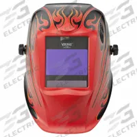 LINCOLN ELECTRIC Welding Helmet: Auto-Darkening, 4 Arc Sensors, Black/Red, Flames, W5-W13, Digital (MPN K3035-5). Key specifications — Color: Red; Suspension Adjustment Type: Ratchet; Series: Viking 2450; Graphics: Flames; Viewing Area: 3.82 in x 2.44 in; Brand: LINCOLN ELECTRIC; Grind Mode: Yes; Helmet Material: Proprietary Nylon.