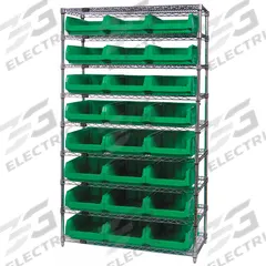 QUANTUM STORAGE SYSTEMS Bin Shelving: 42 in x 18 in x 74 in, 1 Sided, 24 Bins, Open, Stacking Bin (MPN WR9-531GN). Key specifications — Includes Bins: Yes; Bin Material: Polypropylene; Frame Color: Silver; Bin HxWxD: (24) 5-7/8 in x 12-3/8 in x 19-3/4 in; Frame Material: Steel; Bin Color: Gray; Brand: QUANTUM STORAGE SYSTEMS.