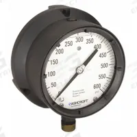 ASHCROFT Process Pressure Gauge: 0 psi to 600 psi, White, 4 1/2 in Dial, 1/2 in NPT Male, Bottom, 4X (MPN 451379ASL04L600#). Key specifications — Brand: ASHCROFT; Pointer Color: Black; Accuracy: ±0.5%; Dial Color: White; Gauge Wetted Parts: Brass / Bronze; Case Material: Epoxy-Coated Aluminum; Vibration Resistance Properties: Liquid-Filled; Pressure Range: 0 psi to 600 psi.