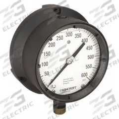 ASHCROFT Process Pressure Gauge: 0 psi to 600 psi, White, 4 1/2 in Dial, 1/2 in NPT Male, Bottom, 4X (MPN 451379ASL04L600#). Key specifications — Brand: ASHCROFT; Pointer Color: Black; Accuracy: ±0.5%; Dial Color: White; Gauge Wetted Parts: Brass / Bronze; Case Material: Epoxy-Coated Aluminum; Vibration Resistance Properties: Liquid-Filled; Pressure Range: 0 psi to 600 psi.