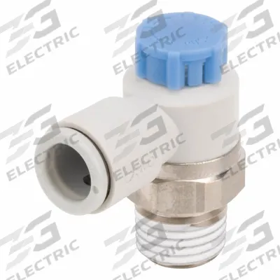 SMC Speed Control Valve: Elbow Fitting, Knob, 1/4 in/1/8 in Valve Body Size - Elbow-Style Speed Control Valves