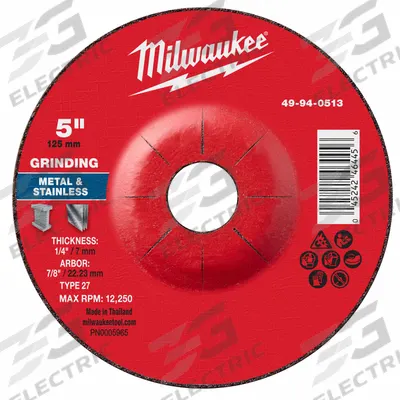 MILWAUKEE Grinding Wheel: Type 27, 5" x 1/4" x 7/8", Aluminum Oxide - General Purpose Grinding Wheels for Carbon & Stainless Steel
