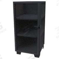 JAMCO Storage Cabinet: 24 in x 24 in x 66 in, 3 Fixed Shelves, Swing Handle & Padlock Hasp, Legs (MPN ME224SFBL). Key specifications — Brand: JAMCO; Body Panel Type: Ventilated; Base Type: Legs; Cabinet Color: Black; Frame Assembled: Assembled.