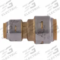 SHARKBITE MAX Push-Fit Adapter Fitting: 3/4 in OD x 1/2 in OD Size, Brass, Coupling/Reducer (MPN UR058). Key specifications — Brand: SHARKBITE MAX.
