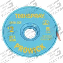TECHSPRAY Desoldering Braid: Rosin Flux, # 2, 0.055 in, 10 ft, Yellow, ESD-Safe (MPN 1809-10F). Key specifications — Color: Yellow; Brand: TECHSPRAY; Manufacturer Part Number: 1809-10F.