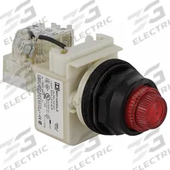 SCHNEIDER ELECTRIC Pilot Light: 30 mm Panel Mounting Size, Red, LED, 9001SK Series (MPN 9001SKT38LRR31). Key specifications — Series: 9001SK; Brand: SCHNEIDER; Includes Push-To-Test: Push-To-Test Included.